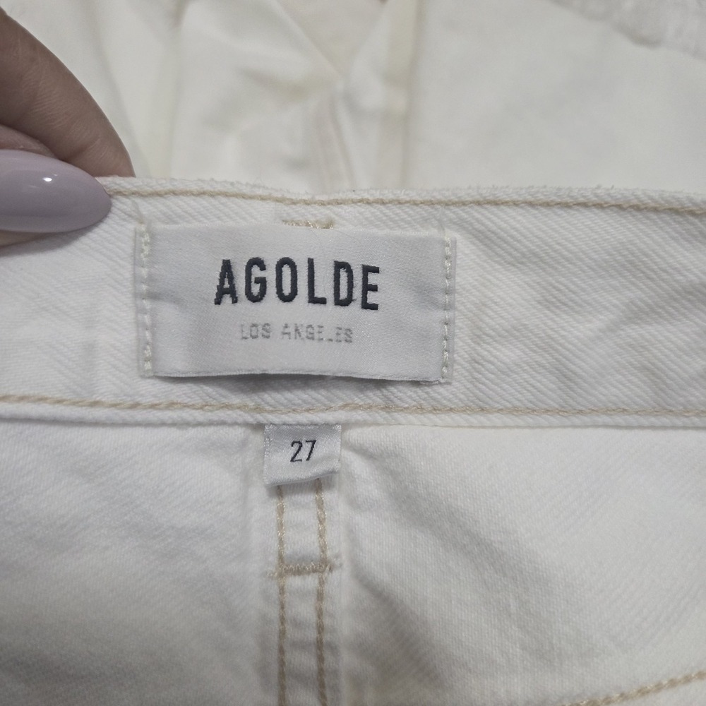 Agolde Parker Long High Rise Cut Off Raw Hem Jean Shorts Creamy White Size 27 - Picture 6 of 10